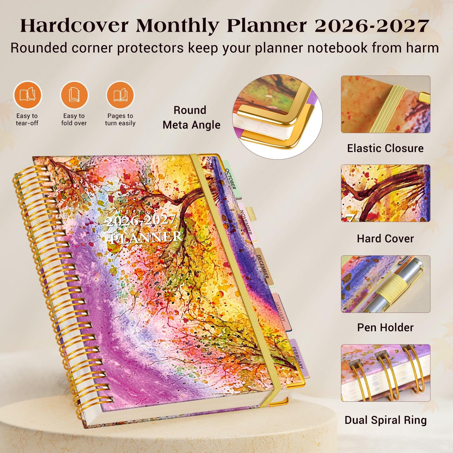 Planner 2026-2027, 18 Months Weekly and Monthly Daily Planner from January 2026 - June 2027, 8.5" x 11" A4 Large Hardcover Agenda Organizer Book 2026 with Tabs, Spiral Yearly Calendar Planners for School Work Home, Autumn Tree