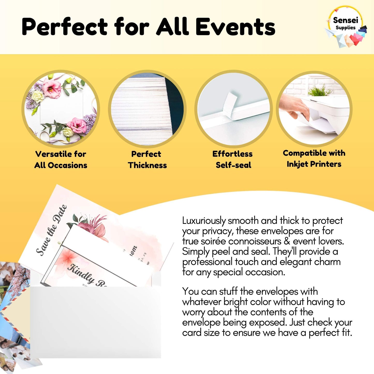 5x7 Envelopes for Invitations - 110 White Envelopes for 5x7 Cards - A7 - (5 ¼ x 7 ¼ inches) - Perfect for Weddings, Graduation, Baby Shower - 120 GSM - Peel, Press & Self Seal - Square Flap