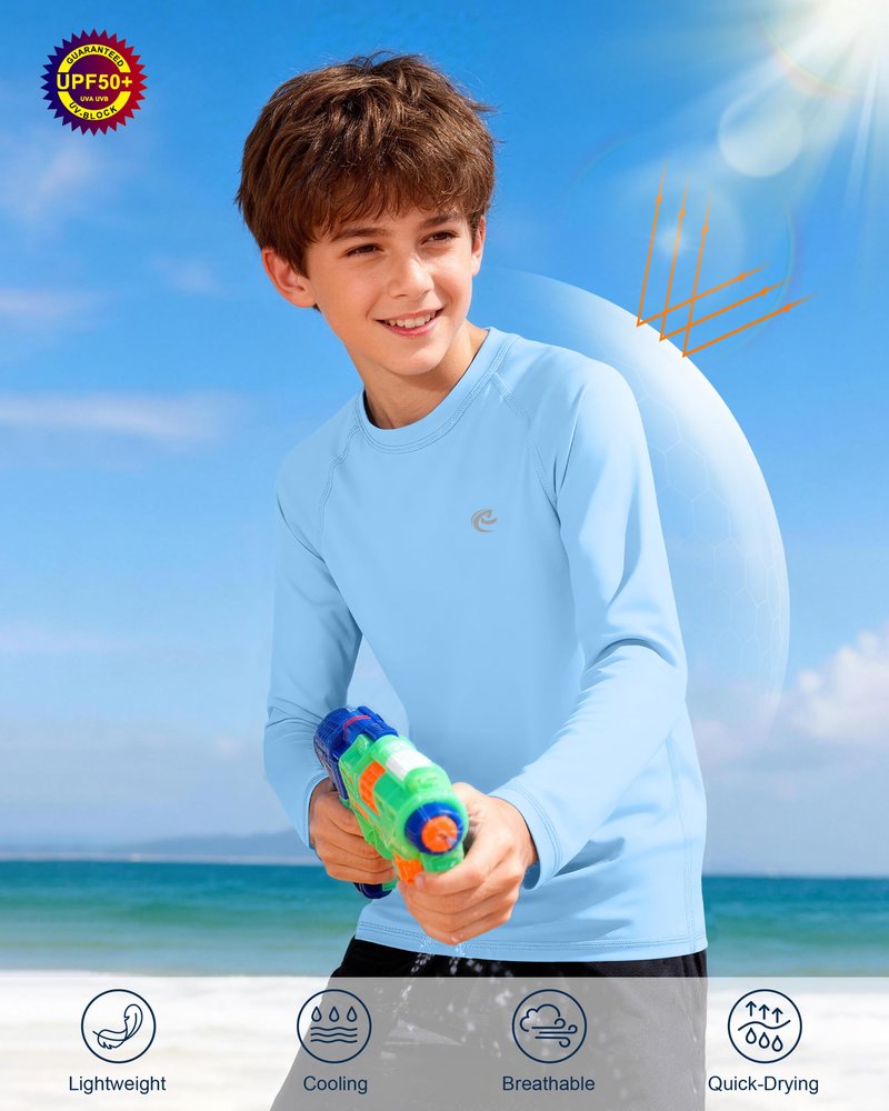 Boys UPF 50+ Swim Shirt Long Sleeve, 1 or 2 Pack UV Sun Protection Rash Guard, Youth Kids SPF Water Shirts for Beach Surf