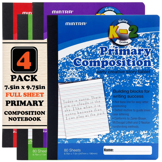 Mintra Primary Composition Notebook, 4 Pack, Assorted Colors 80 Sheets, 7.5in x 9.75in, Full Sheet, Ruled with Drawing Area, Flexible Hardcover Journal, Grade K-2, School & Home Use