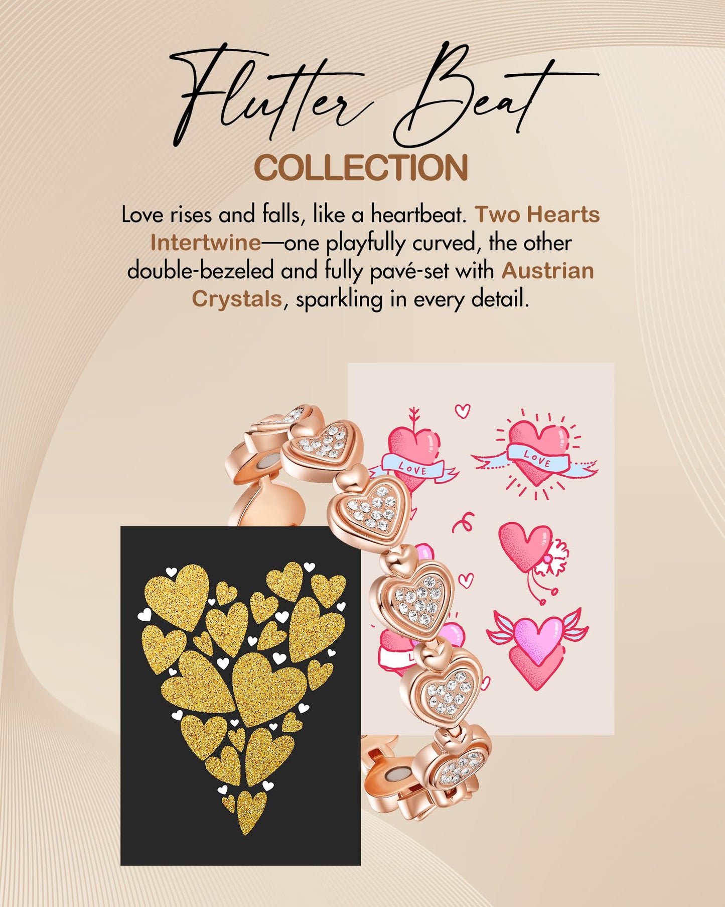 Feraco Pure Copper Bracelets for Women, Ultra Strength Magnetic Bracelet for Women with 3800 Gauss Magnet & Dazzling Austrian Crystals Stone, Heart-Shaped (Rose Gold, 7.09 inches (18cm))