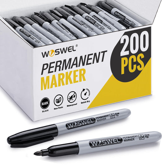 WOSWEL Permanent Markers Bulk, 200 Pack, Black Permanent Marker Pens, Fine Tip, Waterproof, Quick Drying, Smooth Writing, Used on Glass Metal Stone Paper Most Surfaces, Office School Supplies