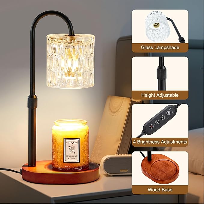 Dreamholder Electric Candle Warmer Lamp with Timer & Dimmer, Adjustable Height Wax Melt Warmer for Jar Candles, Wood Base Candle Melter, Floral Home Decor Gifts for Women, Walnut Black