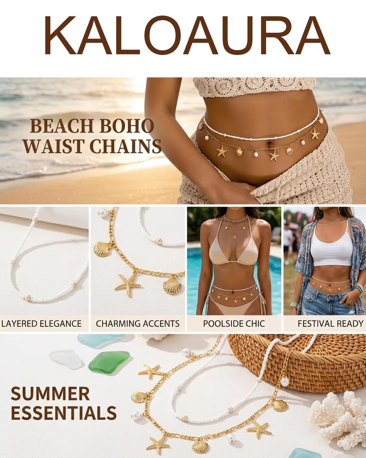Gold Starfish Waist Chain for Women 2Pcs Adjustable Layered Belly Chain Bohemian Shell Beaded Bikini Body Chain for Beach, Summer Festival, Vacation & Boho Accessories