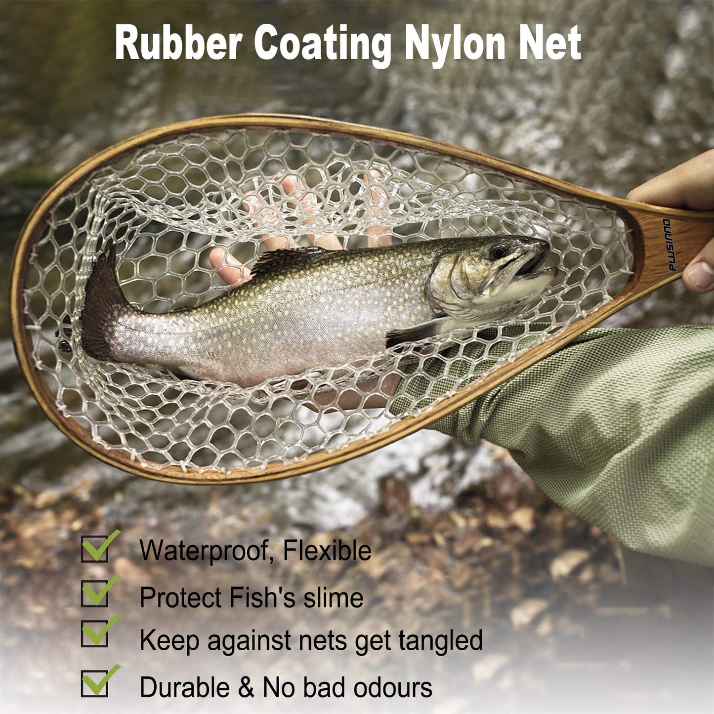 PLUSINNO Fly Fishing Net with Wooden Frame and Magnetic Release, Soft Rubber Mesh for Trout and Bass Catch and Release