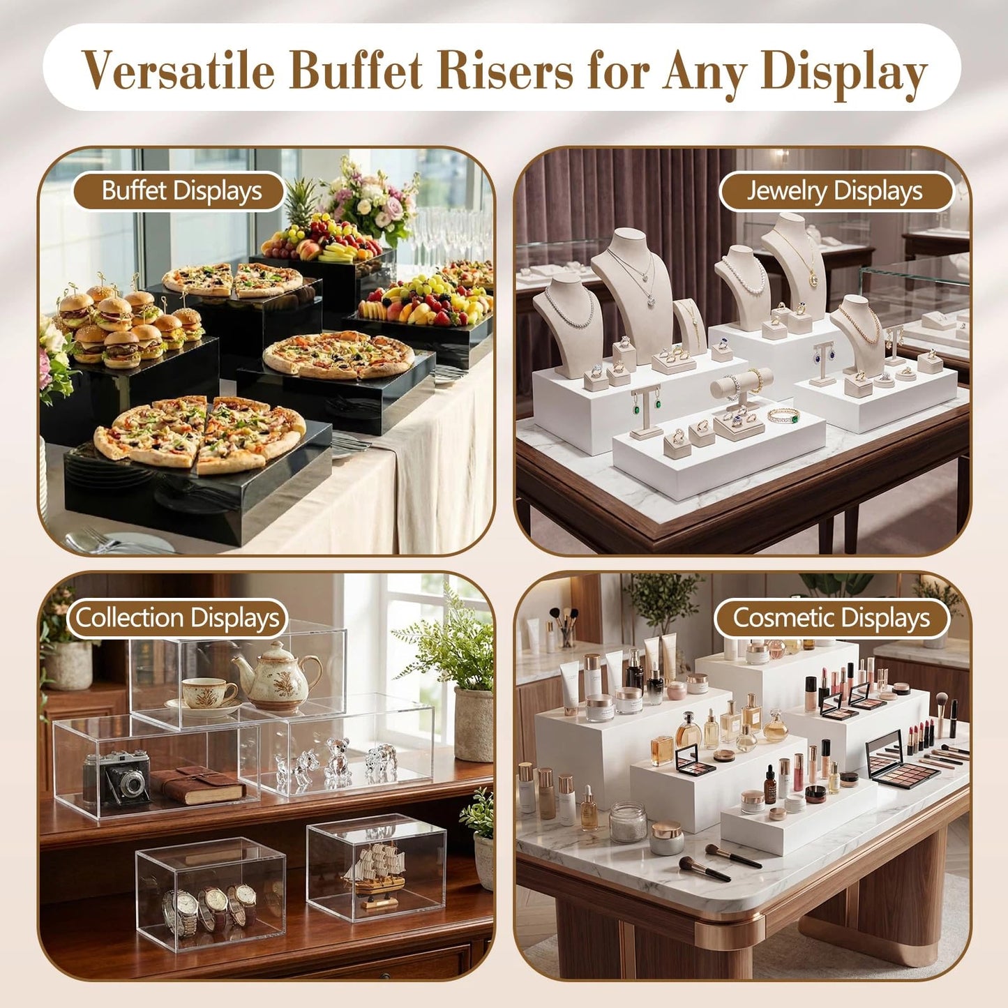 Leinuosen 7 Pcs Large Buffet Risers Set 6" to 12" Acrylic Display Box Catering Dessert Table Riser Food Display Decorative Stand with Hollow Bottom for Catering Supplies(Clear, Square)