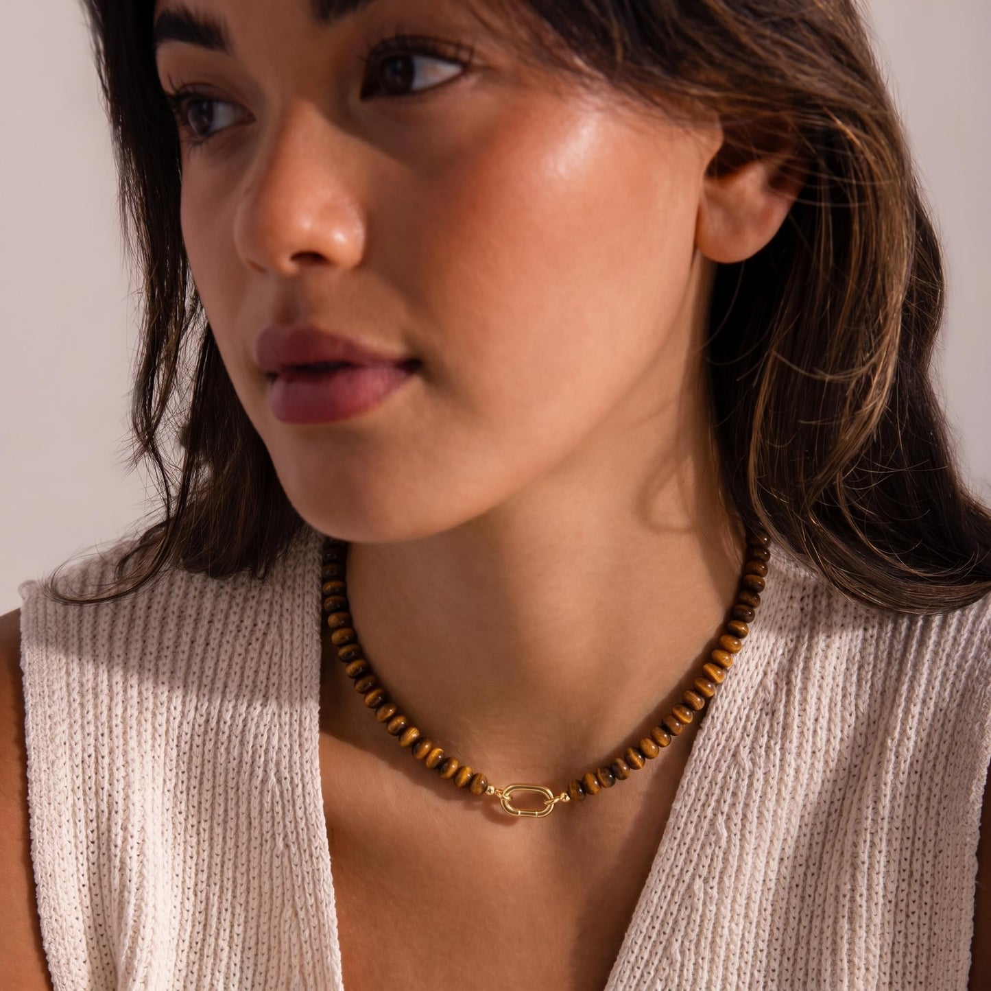 CONRAN KREMIX Tiger Eye Stone Beaded Necklace for Women,Natural Stone Bead Choker Necklaces Boho Summer Beach Necklace Gemstone Jewelry Gift for Women