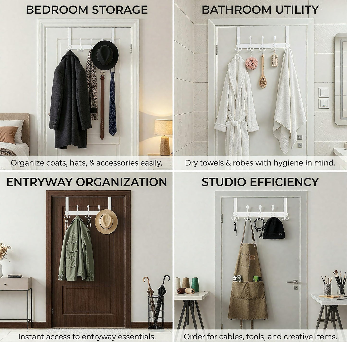 Encozy Over The Door Hooks,Coat Rack for Hanging Clothes Hat Towel (Heavy Duty White 2pcs)
