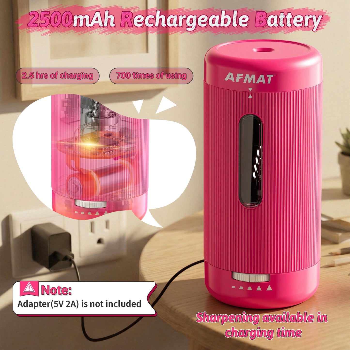 AFMAT Electric Pencil Sharpener, Auto in & Out, 5 Nibs, 7K+ Uses, Fully Automatic Classroom Pencil Sharpener, Rechargeable Hands-Free Sharpeners for Jumbo/Colored Pencils (φ6.5-12mm) PSC3(Rose Red)