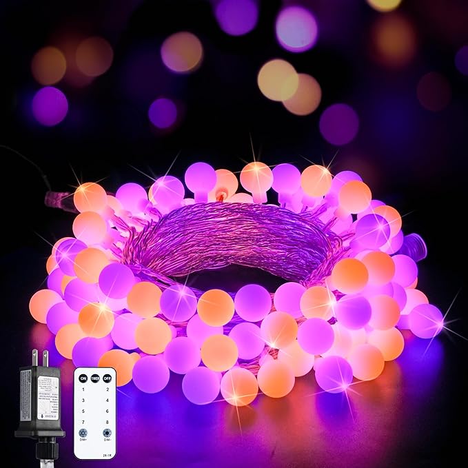 JMEXSUSS 100 LED Globe String Lights Indoor Plug in with Remote, 33ft Connectable Christmas Lights Outdoor, 8 Modes Orange and Purple Fairy Light Outdoor for Bedroom Room Party Christmas Decor