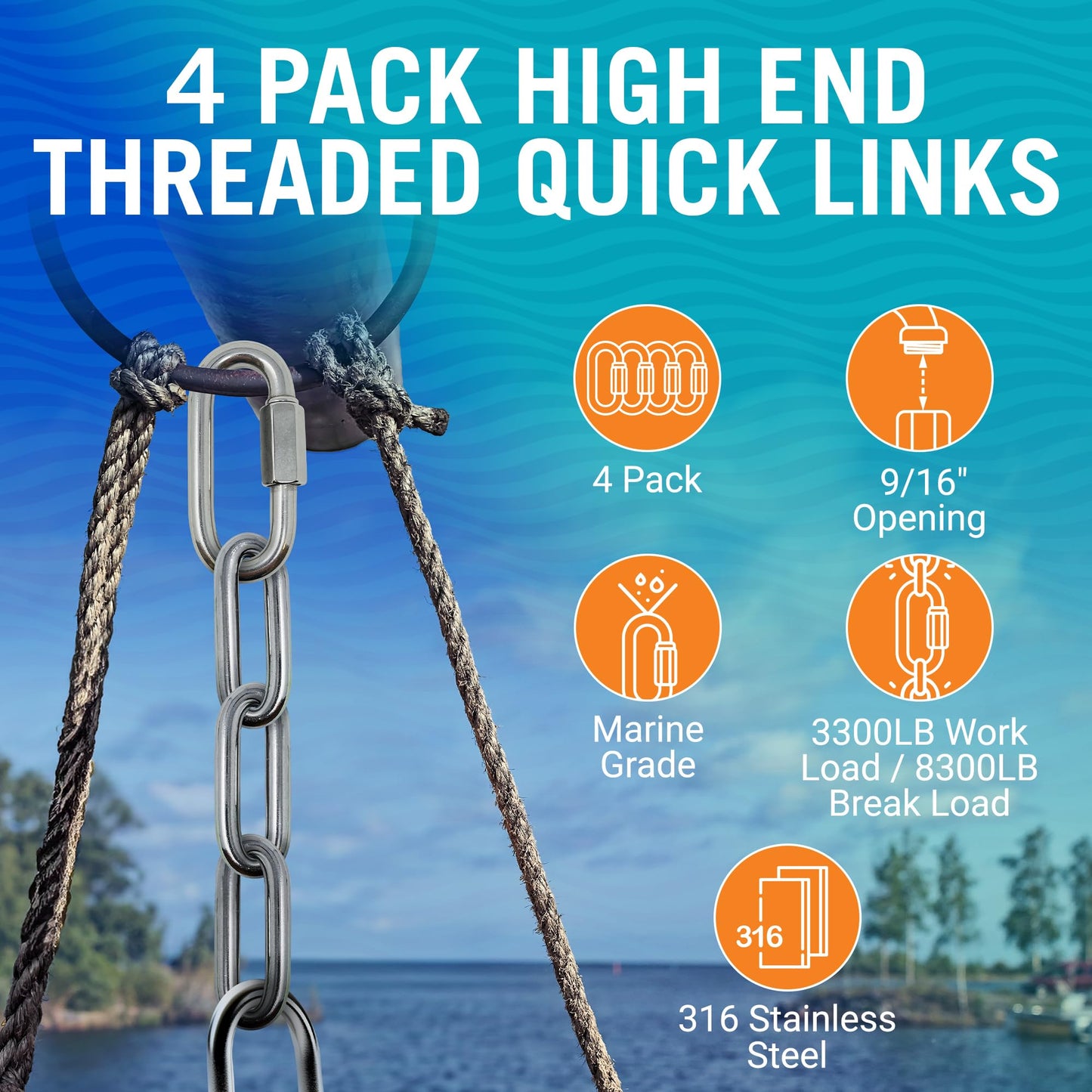 316 Stainless Steel Locking Chain Link, Threaded Quick Link Chain Connector Clips, Heavy Duty D Shape Quicklinks, 1/2", 3/8", 5/16", 1/4" Small Sizes, Marine Grade, 4 Pack Safety Links 1/2"