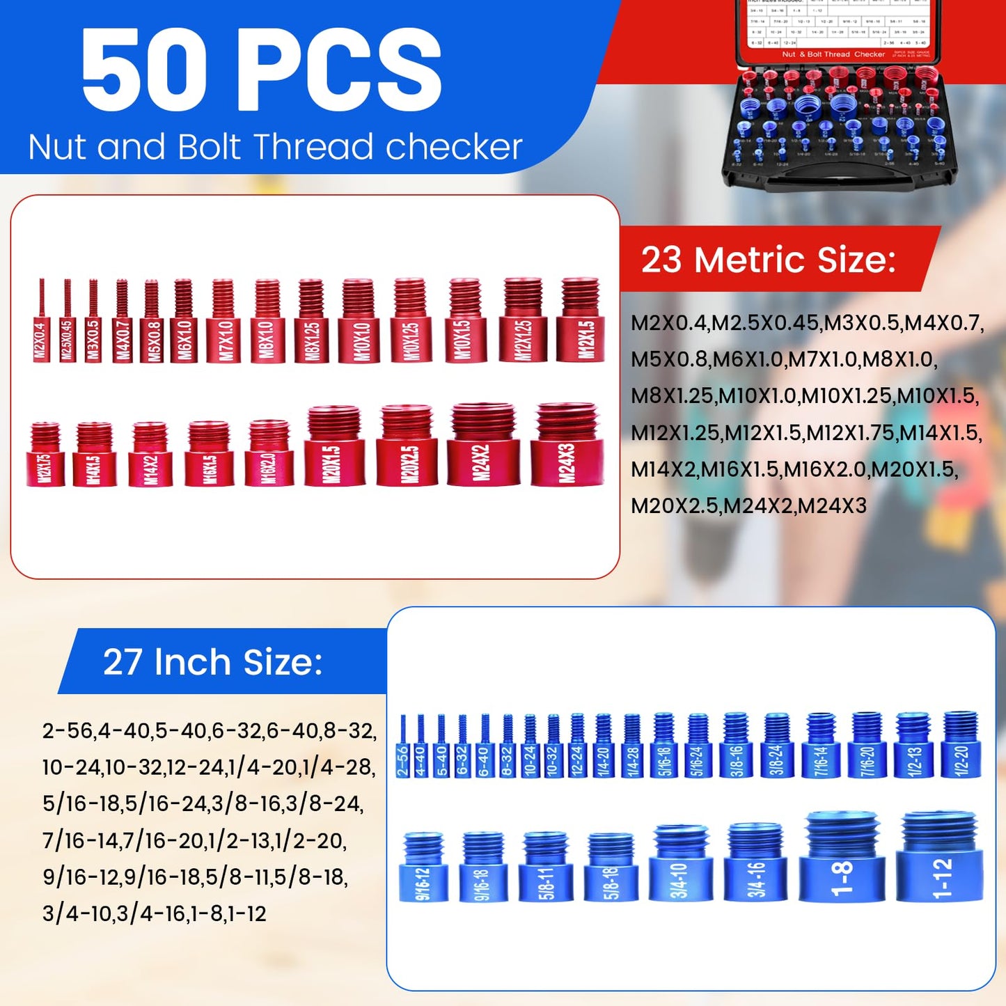 50PCS Thread Checker Kit – SAE & Metric Bolt Thread Checker, Nut & Bolt Size Finder Tool (27 SAE + 23 Metric) – Thread Gauge for Quickly Identifying Screw, Nut, and Bolt Sizes