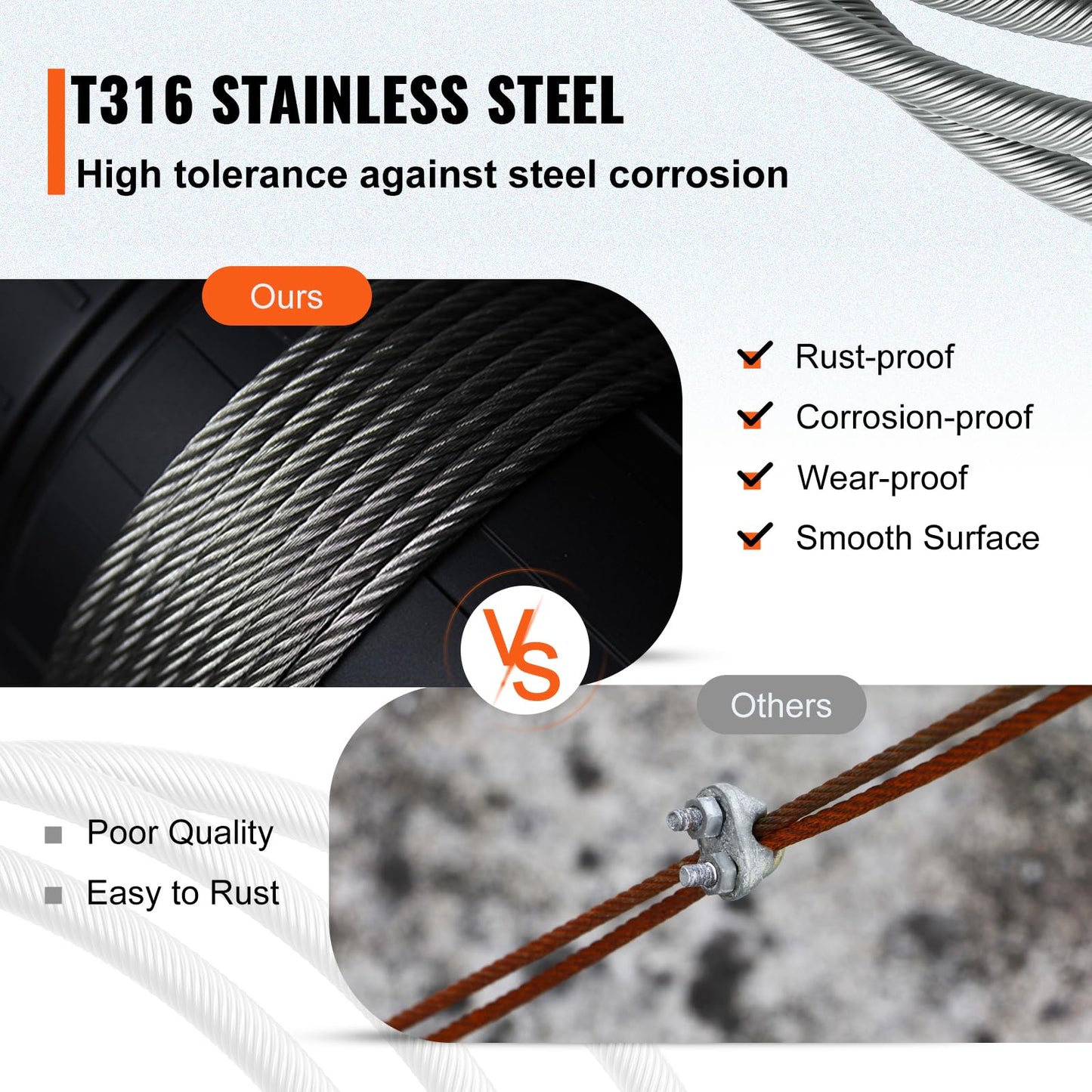 VEVOR 5/32 Stainless Steel Cable, 500FT T316 Wire Rope 1x19 Marine Grade Steel Cable for Deck Railing Brackets Handrail Stair DIY Balustrade