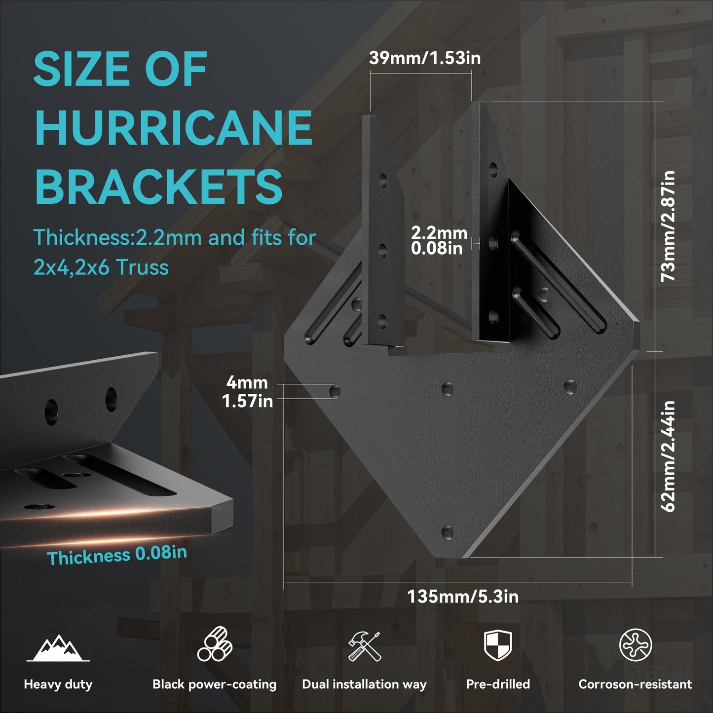 10 PCS Heavy Duty Black Hurricane Ties for Rafters,13 Gauge Roofing Hurricane Straps Thickness 2.2mm Fit 2x4,2x6,Hurricane Truss Hangers,Rafter Brackets,Hurricane Brackets,Joist Hanger,Hurricane Clips