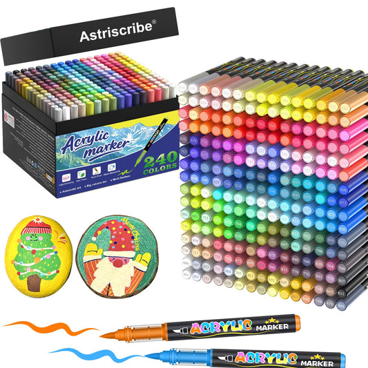 Astriscribe 240 Colors Acrylic Paint Pens Set – Premium Water-Based Brush Tip Markers (1–5 mm), Quick-Dry and Non-Toxic, Automatic Ink Flow for Multi-Surface Artwork