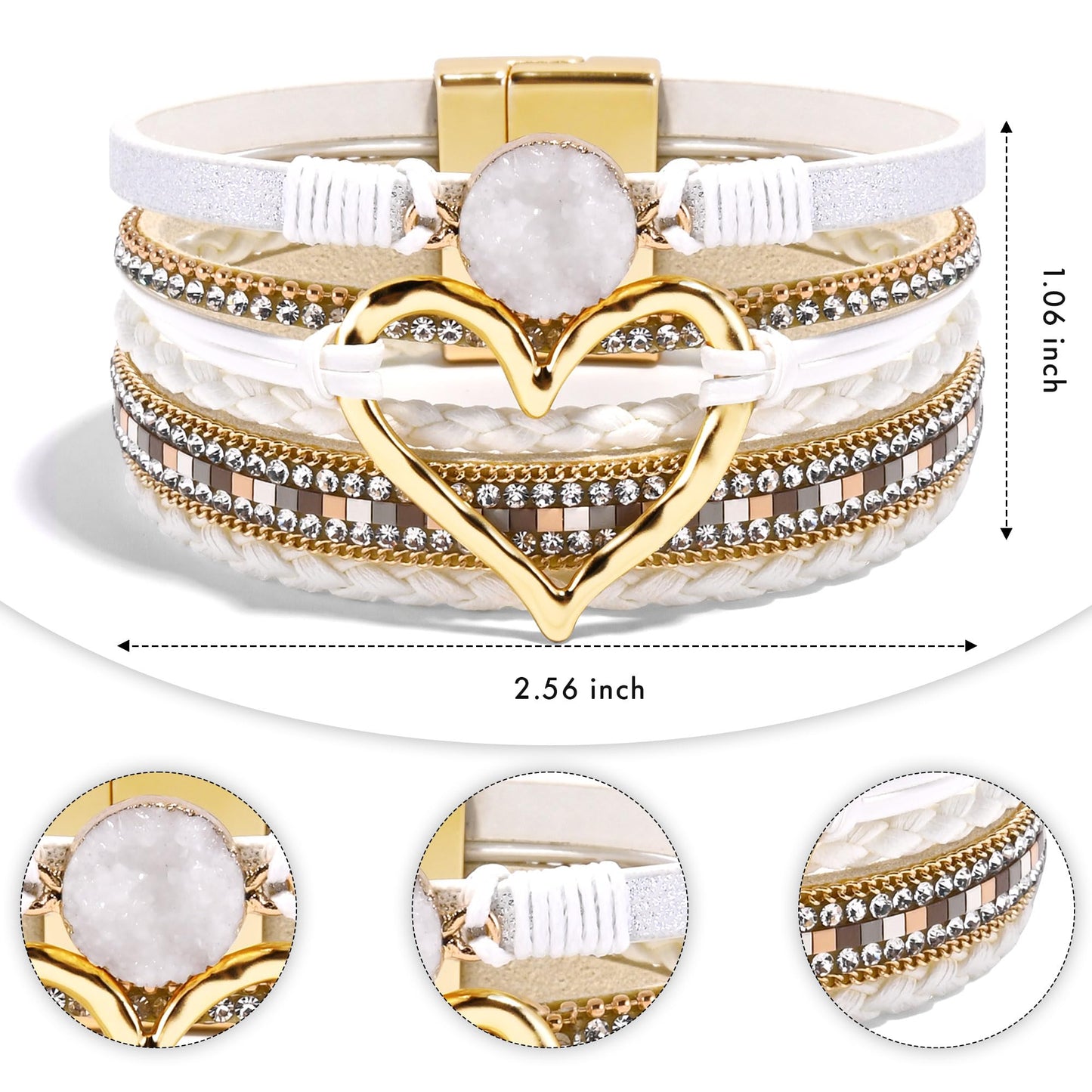 VIBILIA Boho Leather Wrap Bracelets for Women Heart Multi-Layer Bracelets with Strong Clasp Jewelry for Women-White