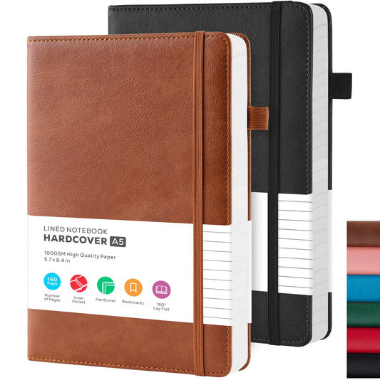Lined Journal Notebook, A5 (5.7'' x 8.4"), 2 Pack Journaling Notebooks for Women Men Writing Work, Leather Hardcover, 160 Pages per Note Book, 100GSM Thick Paper, School Office Supplies, Black & Brown