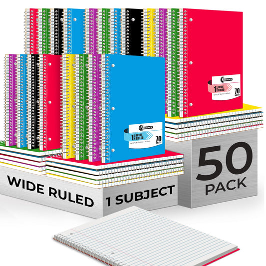 Rosmonde 50 Pack, 1 Subject Spiral Notebook Wide Ruled Bulk, 140 Pages (70 Sheets), Thick No-Bleed Paper, 8 x 10-1/2", 3 Hole Punched, 1 Subject Spiral Notebook Bulk, Bulk Subject Notebook