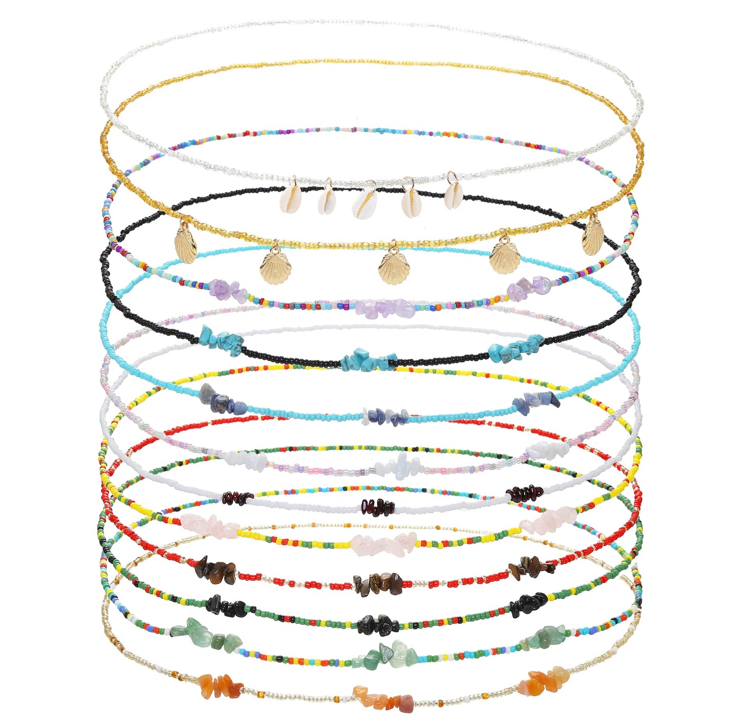 Waist Beads With Crystals Colorful African Waist Beads Boho Beads Waist Chains Energy Stone Beaded Body Chains for Women 12 Pcs