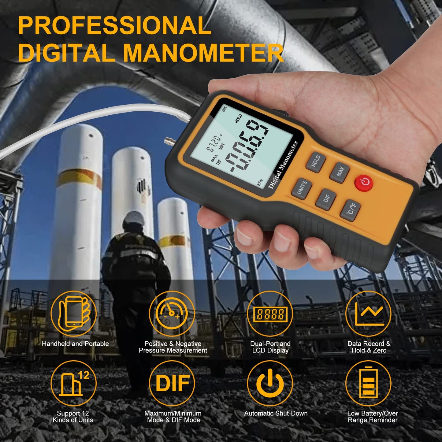 Manometer, Professional Air Pressure Meter, Dual-Port HVAC Digital Manometer Gas Pressure Tester,12 Selectable Units Differential Pressure Gauge, (Included Battery)