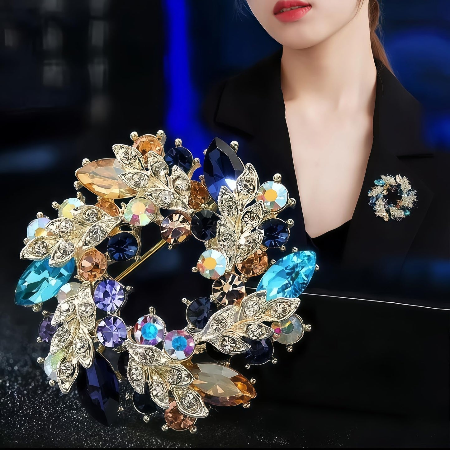 Yaximhozz 2pcs Rhinestone Brooch Pin for Women Dress Elegant Stylish Crystal Brooches Fashion Accessories Pins Lapel Boutonniere Ideas Wedding Christmas Birthday Jewelry Easter Gift (09 Blue Colorful/Silver)