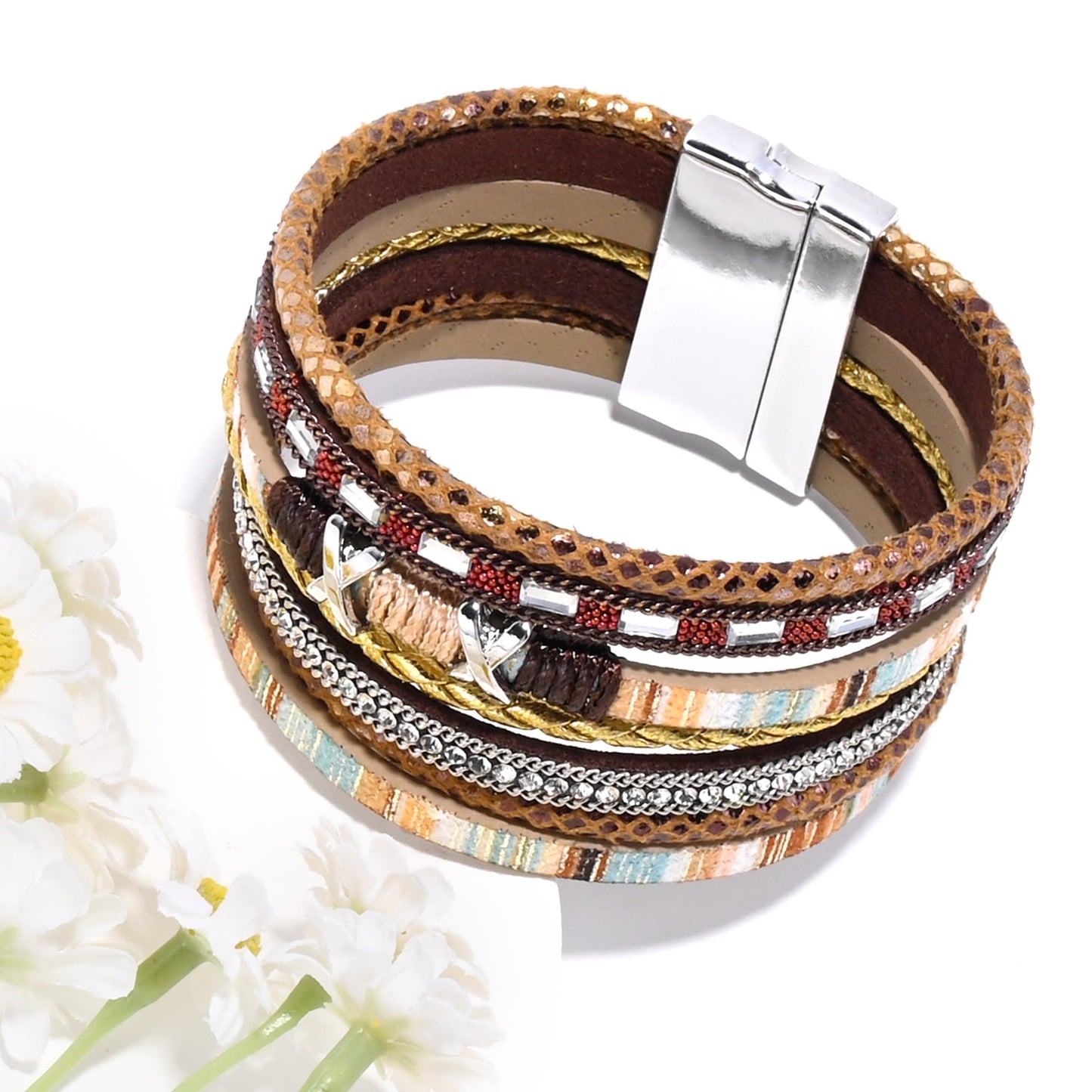VIBILIA Boho Leather Wrap Bracelets for Women Trendy Layered Multi-Layer Boho Bracelets with Strong Clasp Jewelry for Women-Brown