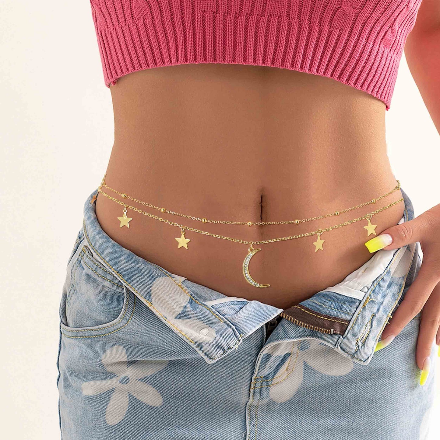 Wriidy Layered Moon Star Waist Chain Beads Gold Belly Chain Body Chains Jewelry Accessories for Women