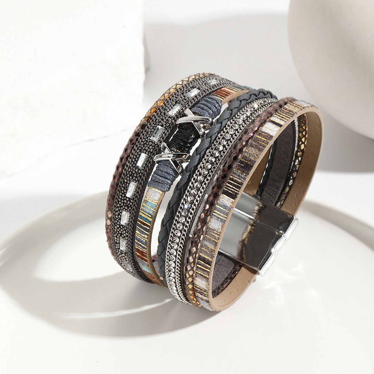 VIBILIA Boho Leather Wrap Bracelets for Women Trendy Layered Multi-Layer Boho Bracelets with Strong Clasp Jewelry for Women-Gray