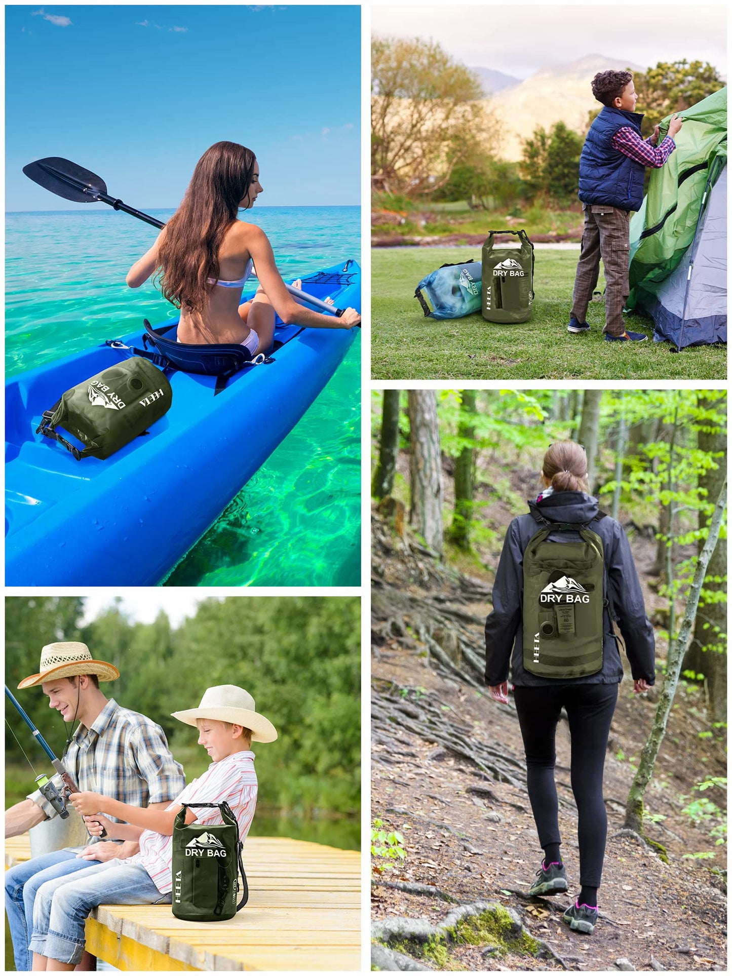 HEETA Dry Bag Waterproof for Women Men, Roll Top Lightweight Dry Storage Bag Backpack with Phone Case for Travel Swimming Boating Kayaking Paddle Board Camping Beach Accessories (Pitch Green, 30L)
