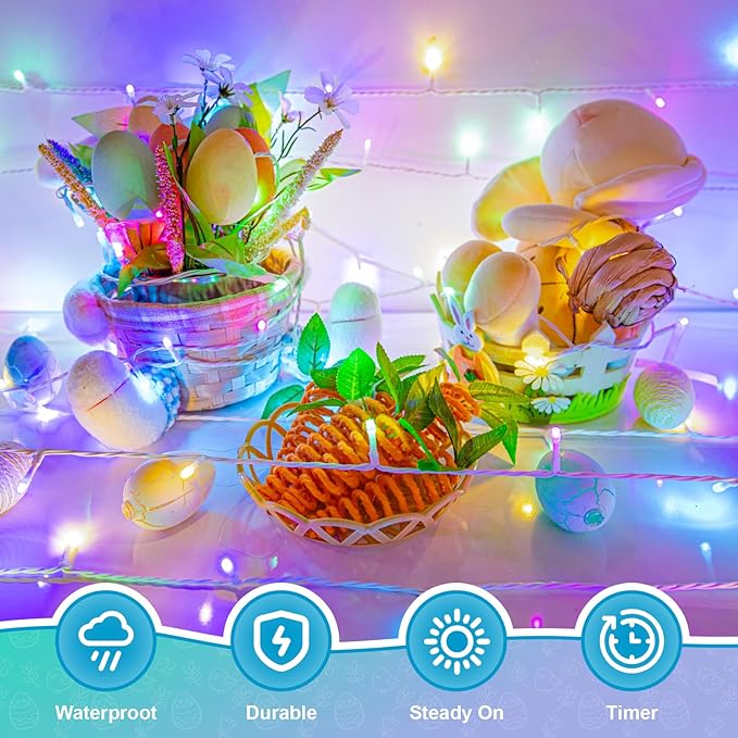 Easter String Lights Battery Operated, Pastel Easter Lights with Timer 16.4ft 50LED White Wire Fairy Lights for Easter Decorations Garland Outdoor Indoor Party