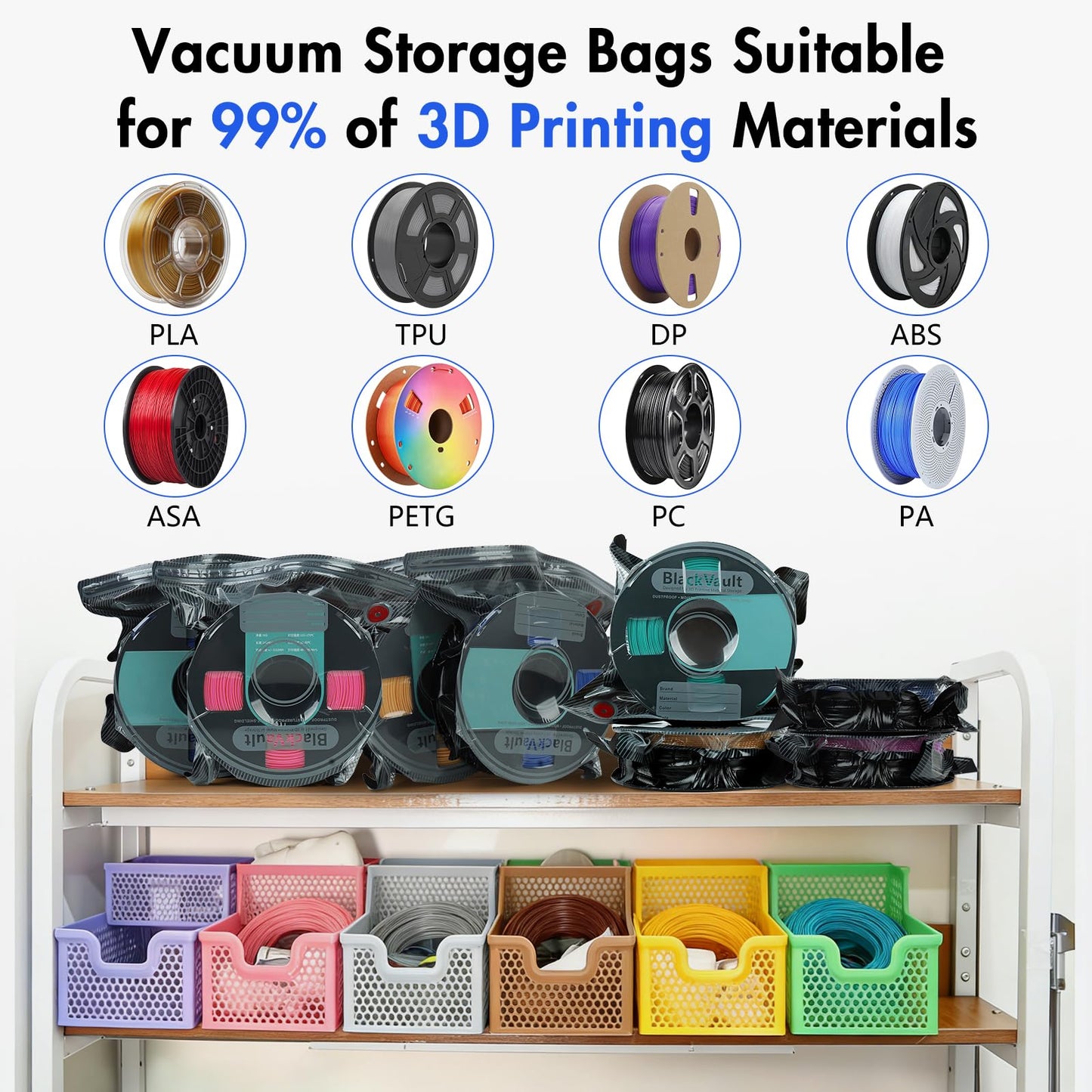 Hifree 20 Pcs 3D Filament Vacuum Storage Bags Kit with 5 Sealing Clip, PA/DP/PC/PLA/ABS/TPU/ASA/PETG Lightproof Dustproof Humidity Resistant Reusable Vacuum Storage Seal Bag (12.6" X 13.4")