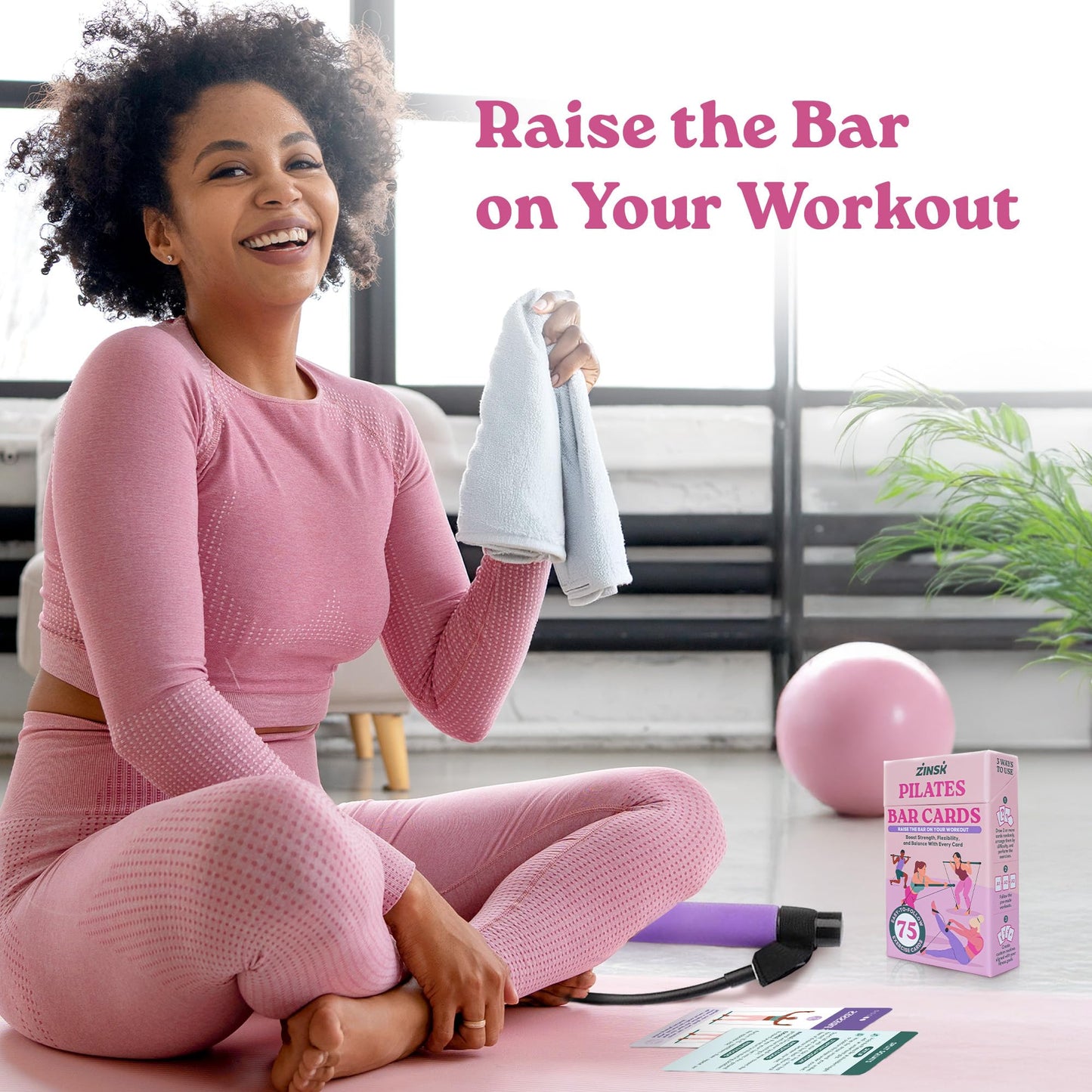 Zinsk 75 Pilates Bar Exercise Cards – Create Home Workouts that Sculpt and Tone – 3" x 5" Cards with Full Instructions – Includes Getting Started Pamphlet with 8 Pre-Made Routines