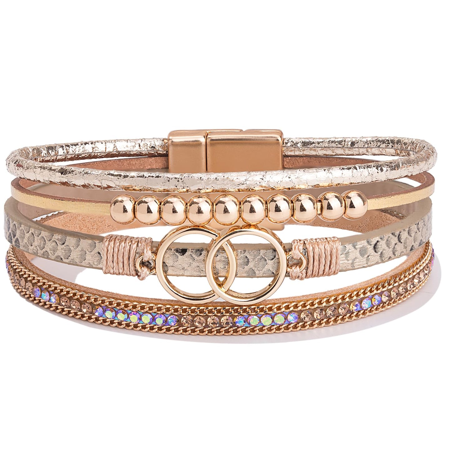FANCY SHINY Boho Leather Wrap Bracelet Stackable Beaded Infinity Chunky Cuff Bracelets with Magnetic Clasp Western Hippie Outfits Jewelry Gifts for Women(Snakeskin Gold)