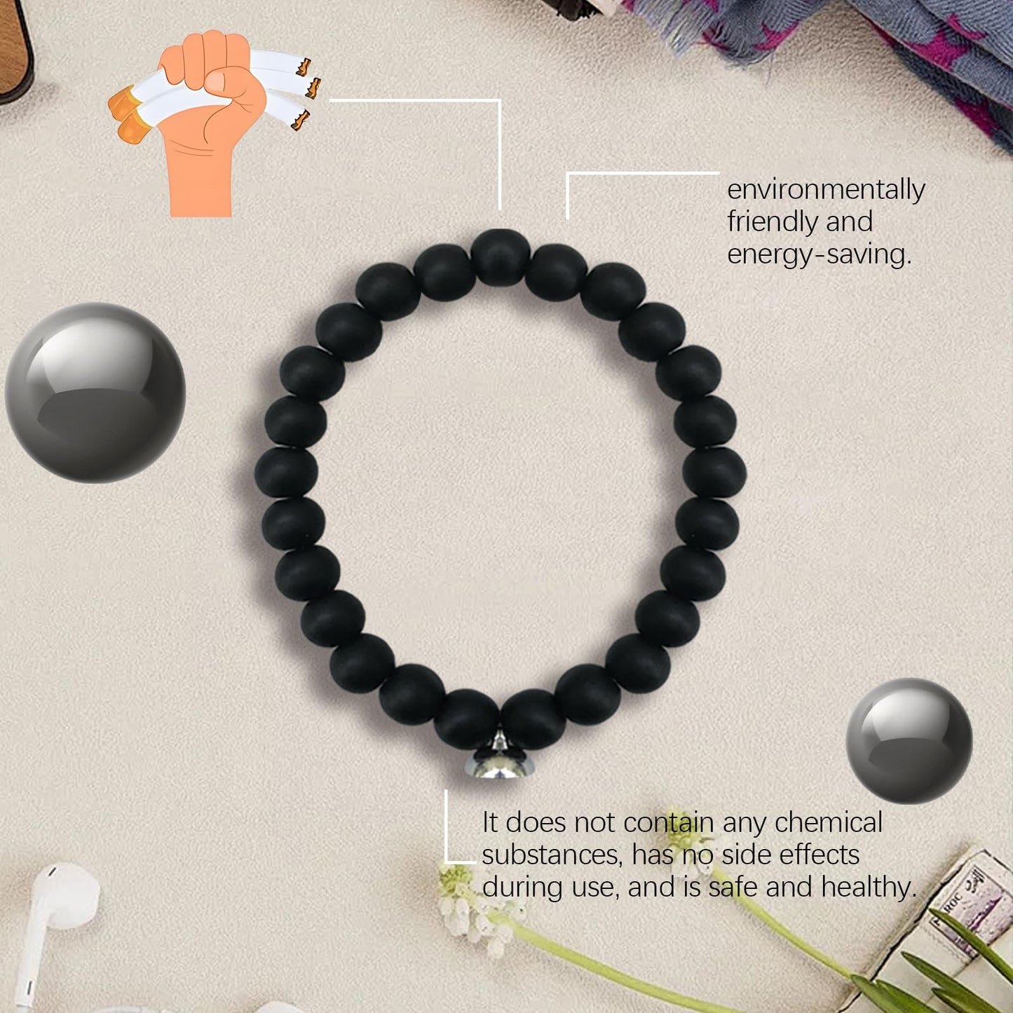 Mengji Life Glame Anti Smoking Bracelets for Women Men, Magtherapy Quitting Bracelet Stretch Adjustable Stop Smoking Cessation Effective Handmade Jewelry Gifts (1pcs black+1pcs white)