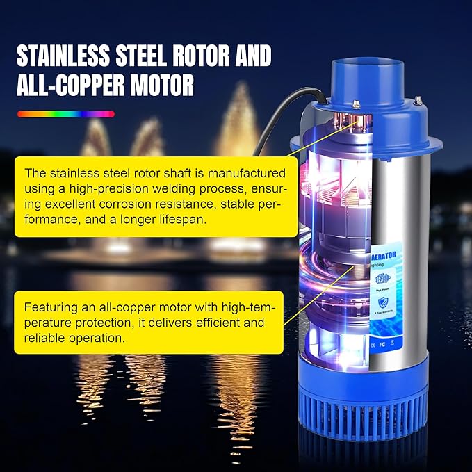 Pondvita RGB LED Pond Fountain Aerator 750W with Color-Changing Light Show, 1HP 15000 GPH Floating Aerating Pump, 100ft Power Cord, Controller, APP & Remote Control, Perfect for Ponds & Lakes(120V)