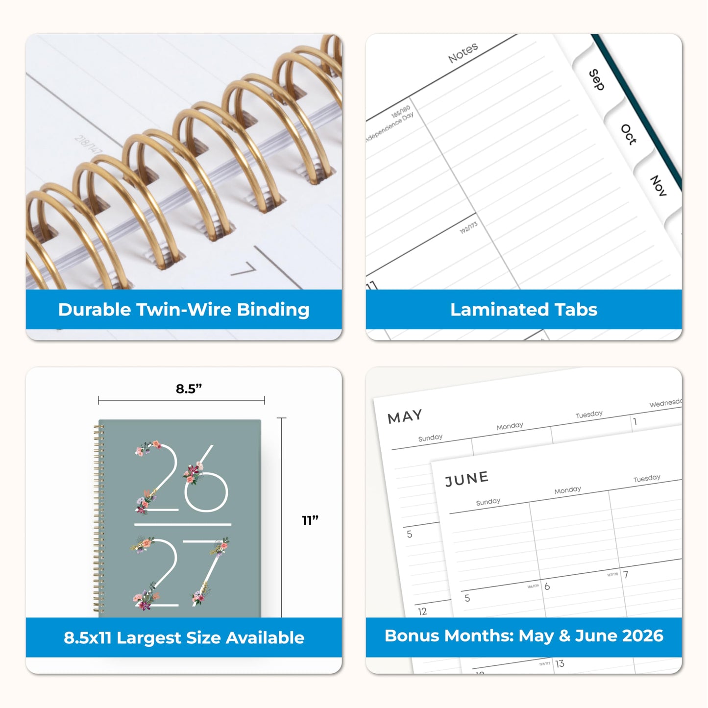 Blue Sky 2026-2027 Weekly and Monthly Academic Year Planner Calendar, July 2026 - June 2027, 8.5" x 11", Flexible Cover, Wirebound, Storage Pocket, Laminated Tabs, Greta