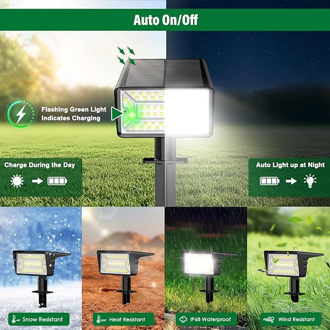 Solar Spot Lights Outdoor with 60 LED & Auto On/Off, 6 Pack Solar Lights Outdoor Waterproof IP68 with 3 Lighting Modes, 2-in-1 Solars Landscape Light for Outside, Garden, Yard(Cool White)