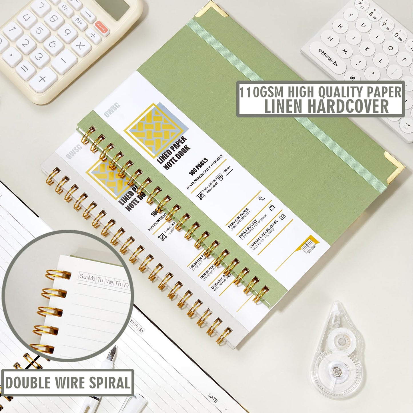 OWSC Lined Spiral Notebook with thick 110 GSM Papers, 320 Pages B5 Size College Ruled Notebook, Hardcover 7.1 x 10 Inches Journal for Women and Men, Notebooks for work, School (2 Pack B5 Grey Green)