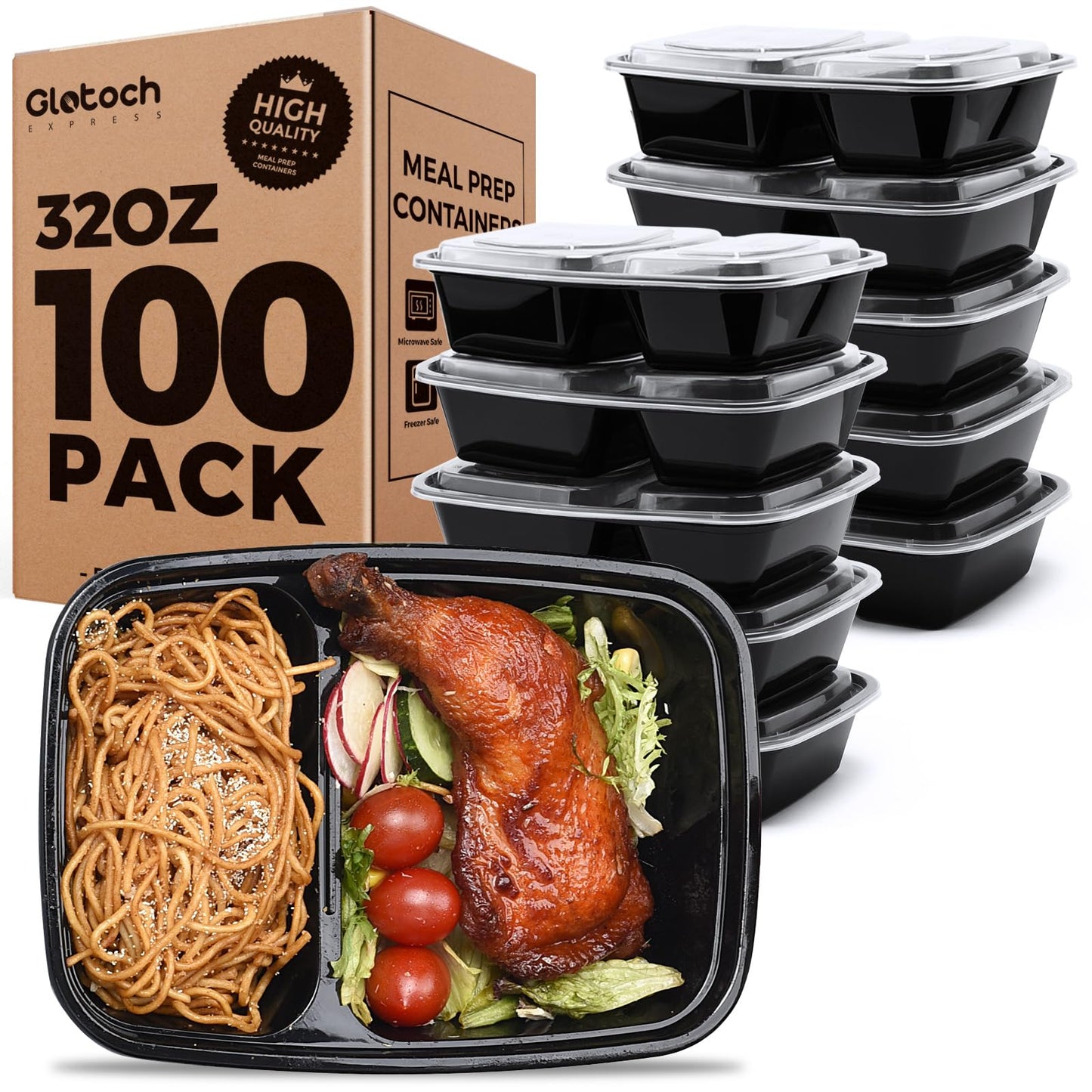 100 Pack (200-Piece)32 oz Meal Prep Containers,2-Compartment Reusable Food Storage Containers with Lids,Microwave Freezer Dishwasher Safe,Sturdy Leakproof&BPA Free Bento Box for To Go Take Out