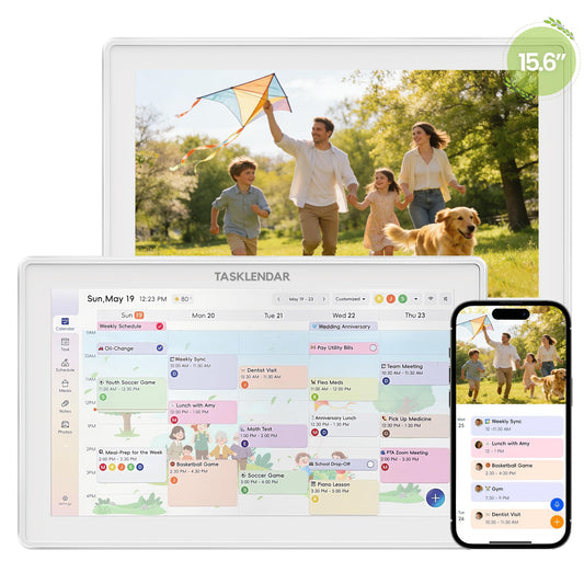 TASKLENDAR 15.6’’ Digital Calendar Frame Wall Touchscreen Electronic Calendar, Smart Family Planner for Schedule, Chore Chart & Meals Task Organizer, Digital Photo Display, Wall & Desk Mountable, White