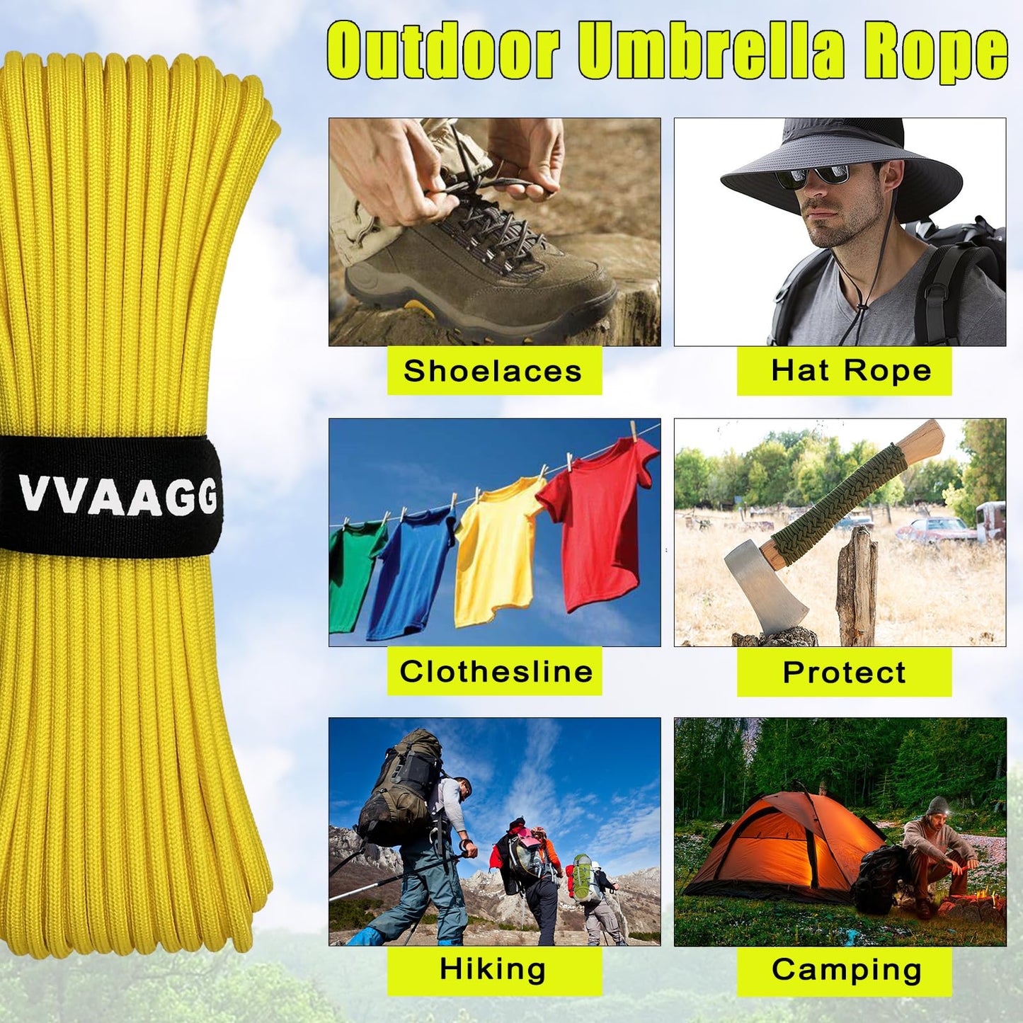 VVAAGG 1000 Paracord Rope, 50ft 12 Strand Parachute Cord for Crafting, DIY Projects, Survival Bracelets, Camping, Tent, Clothsline, Outdoor Hiking, Fishing (Yellow, 50FT)