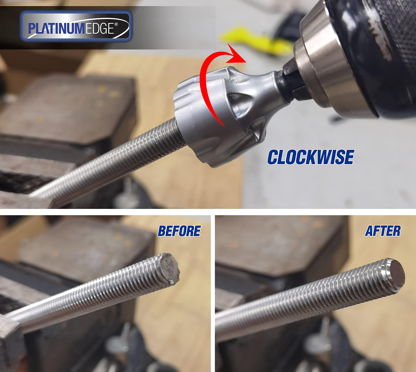 PLATINUMEDGE Deburring External Chamfer Tool with 3 Tungsten Carbide Blades,Quick Release 1/4" Hex Shank, Fits 1/8"-3/4" (3-19mm) – Repair Damaged Bolts, Screws, Threaded Rods & Pipe