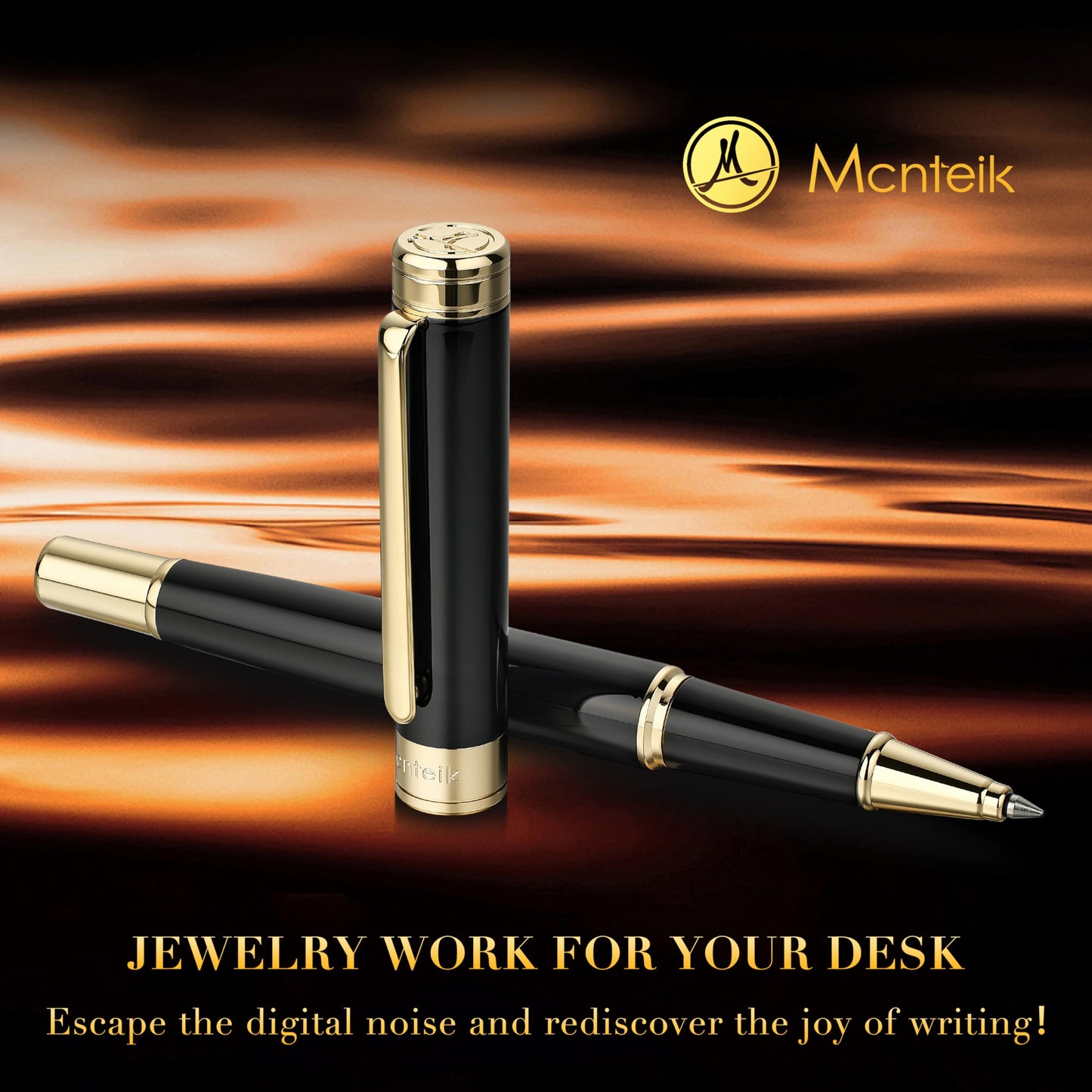 MCNTEIK Black Lacquer Rollerball Pen - Stunning Luxury Pen, 24K Gold Plating, Schmidt Refill, Precision Flow Ink, Best Roller Ball Gift Set for Men & Women, Professional, Executive Fancy, Nice Pens