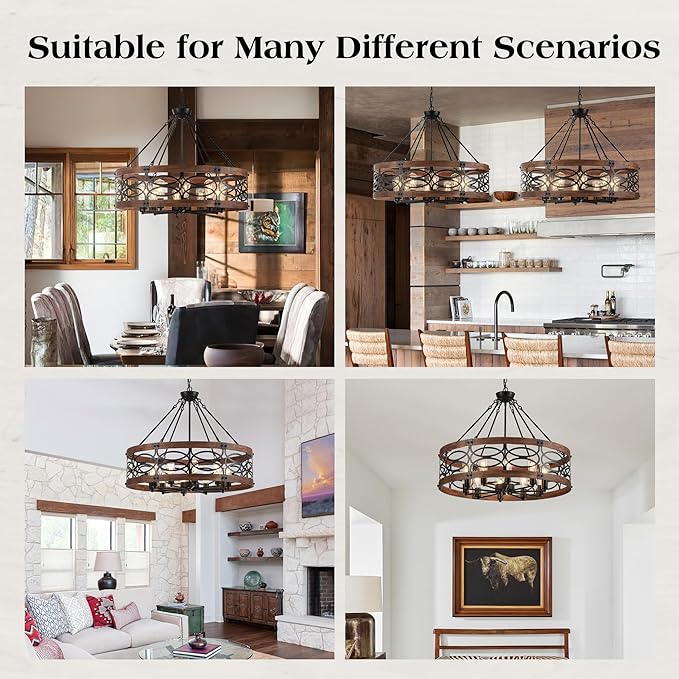 10-Light Farmhouse Drum Wood Pendant Light,32.24'' Vintage Rustic Brown Oak Wood Chandeliers,Retro Industrial Hanging Light Fixtures for Dining Room Entryway, Bedroom