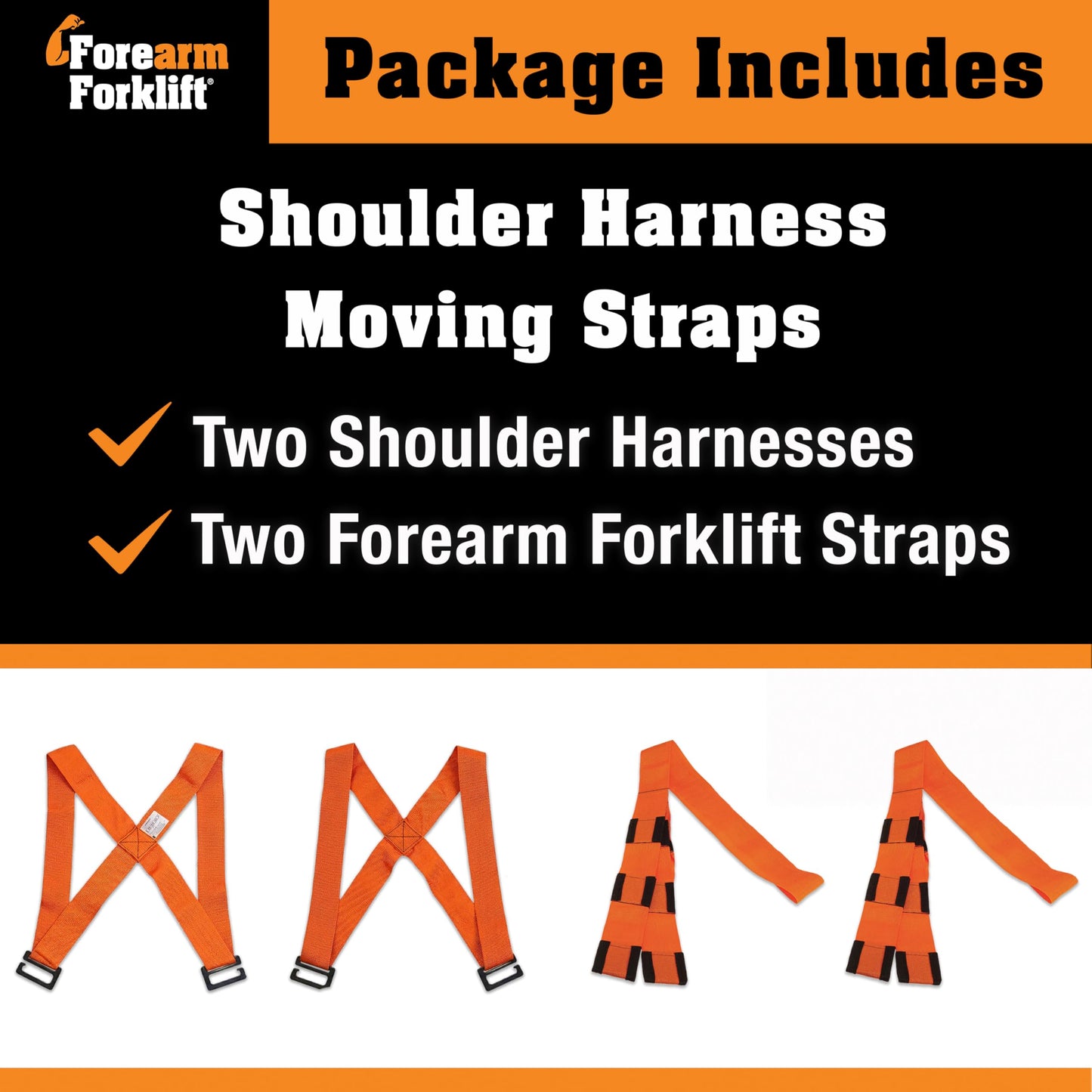 Forearm Forklift Shoulder Harness – Standard - Lift and Move Furniture, appliances, Supports up to 800 lb. Moving Harness Set, 2 Harnesses and 2 Center Straps that are ea 9’4” Long, 1 Pack, Orange