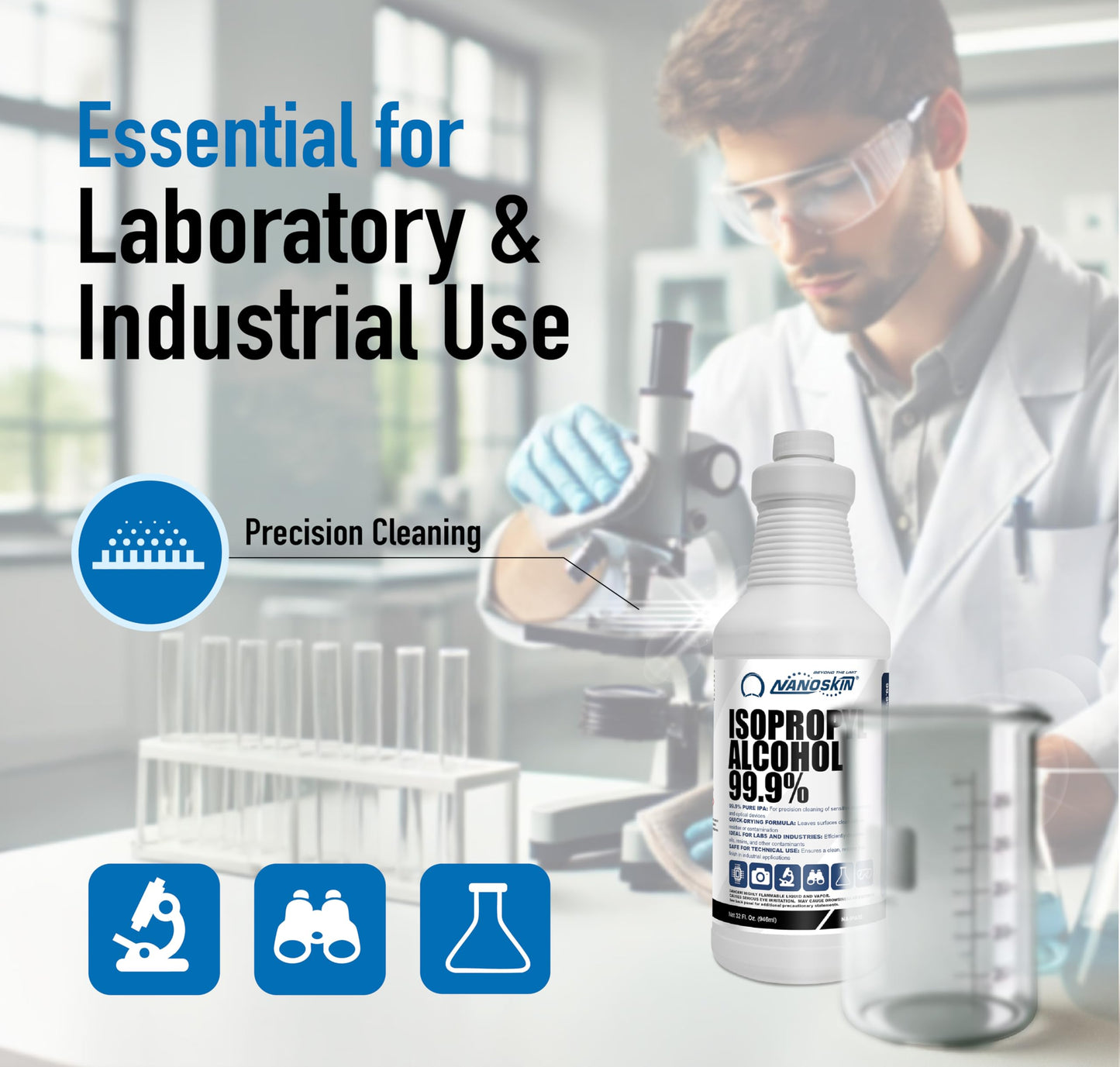 Nanoskin 99.9% Isopropyl Alcohol (IPA) 1 Gallon (32 fl oz x 4) – High-Purity Industrial/Lab Solvent for Electronics & PCB Surface Prep, Fast Evaporating, Residue-Free