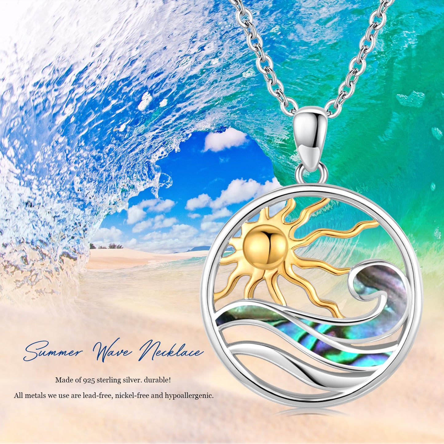 Midir&Etain Ocean Wave Necklace 925 Sterling Silver Abalone Shell Pendant Sun Necklace Ocean Surf Necklace Summer Hawaiian Beach Ocean Jewelry for Women