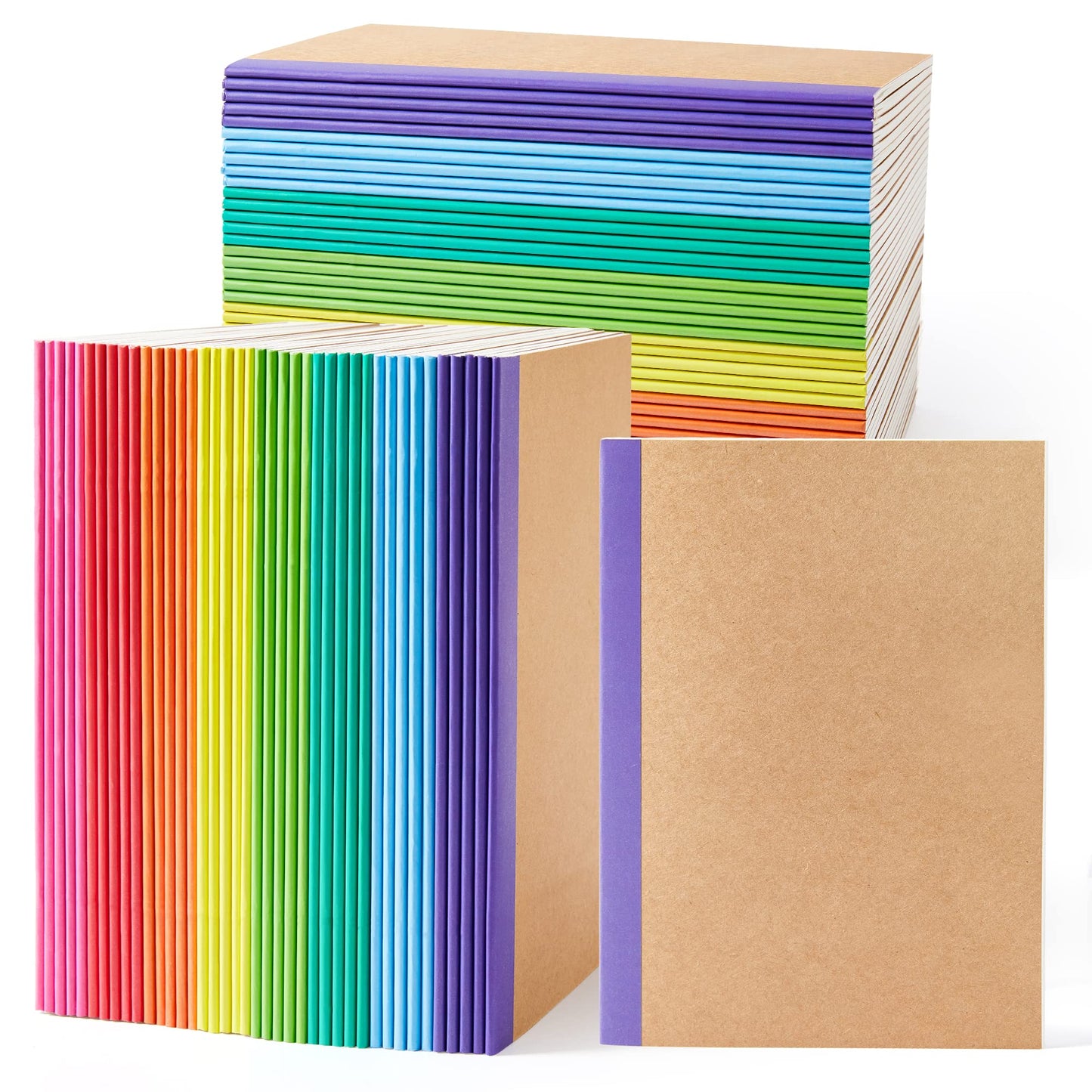 feela 80 Pack Composition Notebooks Bulk, Kraft Cover Lined Blank College Ruled Composition Travel Journals with Rainbow Spines For Women Students Business, 60 Pages, 8.3”x 5.5”, A5, 8 Colors