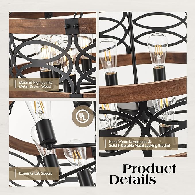 10-Light Farmhouse Drum Wood Pendant Light,32.24'' Vintage Rustic Brown Oak Wood Chandeliers,Retro Industrial Hanging Light Fixtures for Dining Room Entryway, Bedroom