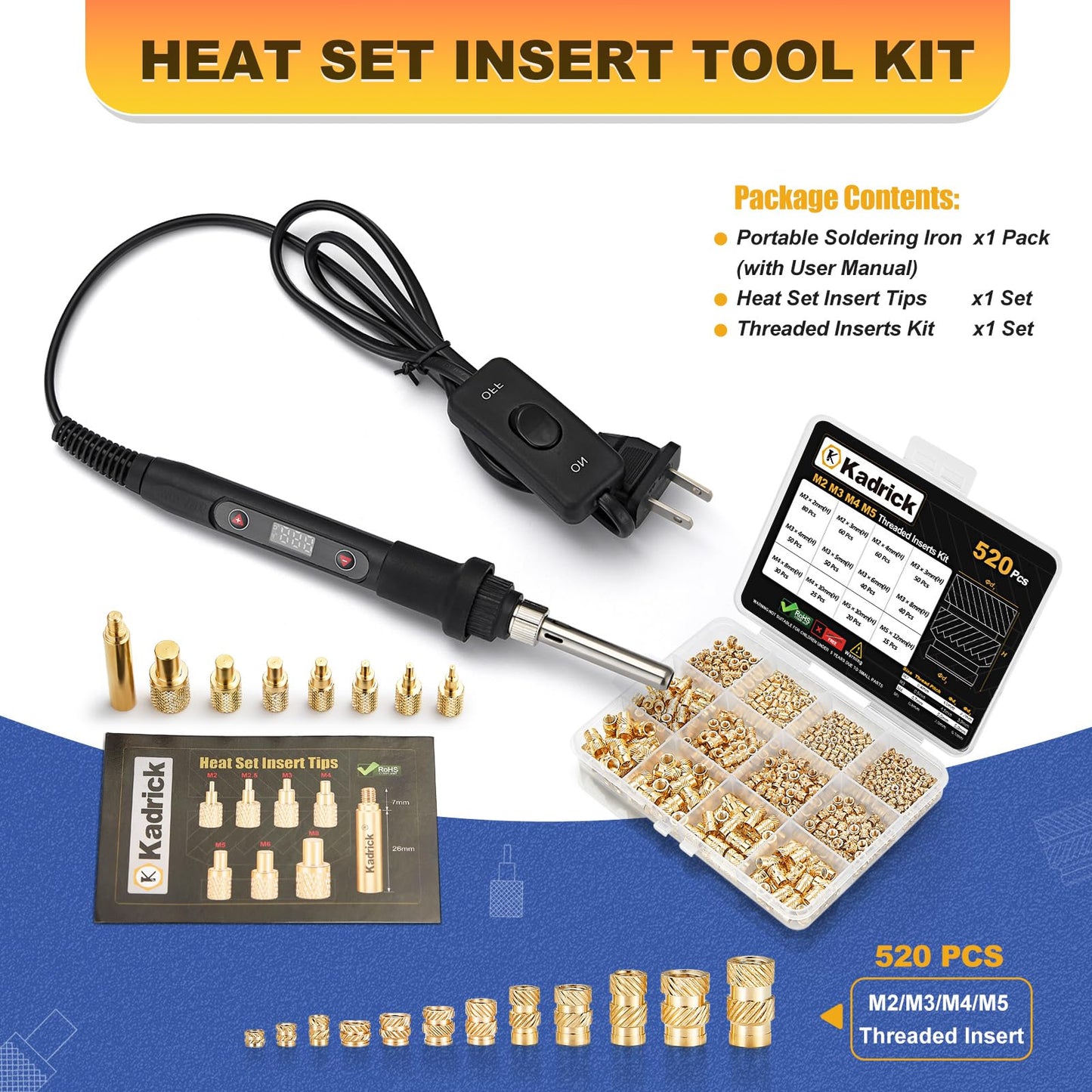 Professional Heat Set Insert Tool Kit: 80W Soldering Iron Heat Insert Tool with 520pcs Brass Inserts & Heat Set Insert Tips (M2-M8) for 3D Printing